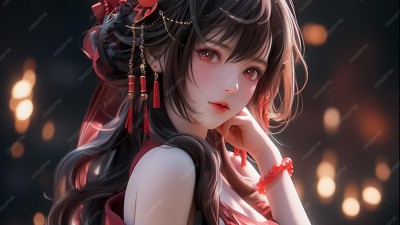 AI 빨간 드레스와 고양이 귀를 가진 코스프레 고양이의 여성