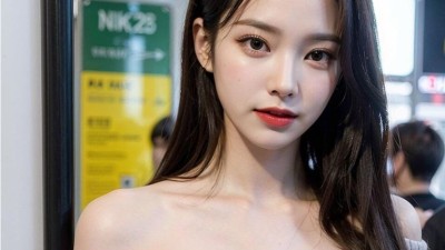 AI 그레이 오프숄더탑 패션 입은 여자